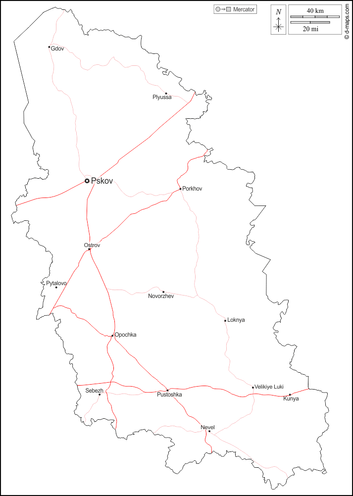 Pskov : d-maps.com: mappa gratuita, mappa muta gratuita, cartina muta gratuita : contorni, principali città, strade, nomi, bianco