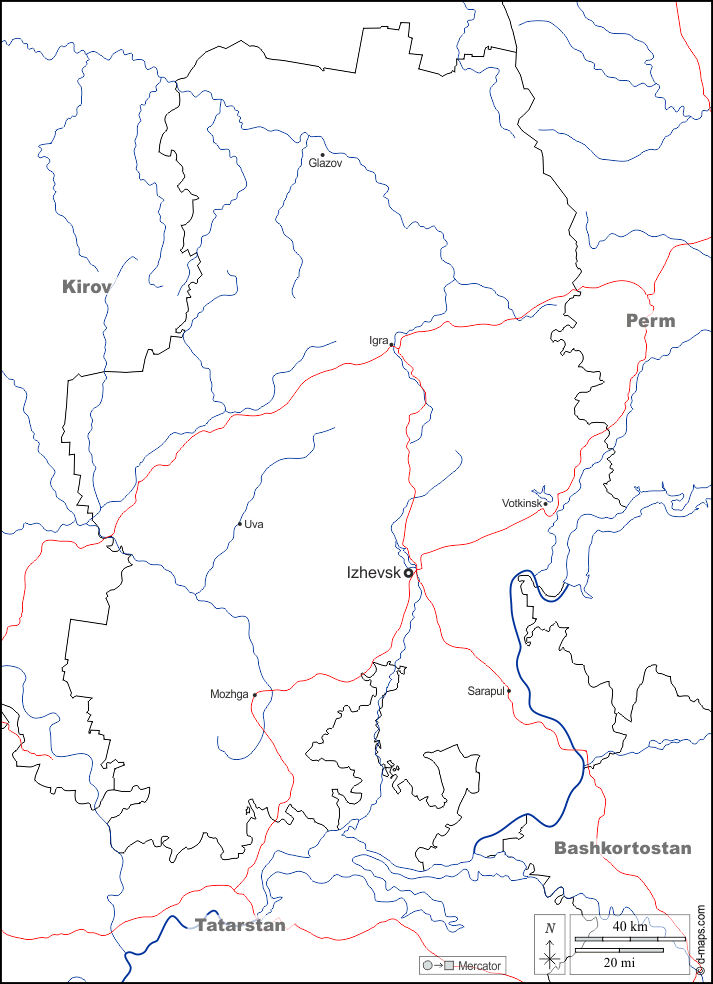 Udmurtia : d-maps.com: mapa gratuito, mapa mudo gratuito, mapa en blanco gratuito, plantilla de mapa : fronteras, hidrografía, principales ciudades, carreteras, nombres, blanco