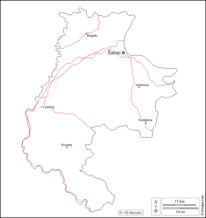 Mačva : d-maps.com: mappa gratuita, mappa muta gratuita, cartina muta gratuita : contorni, principali città, strade, nomi, bianco