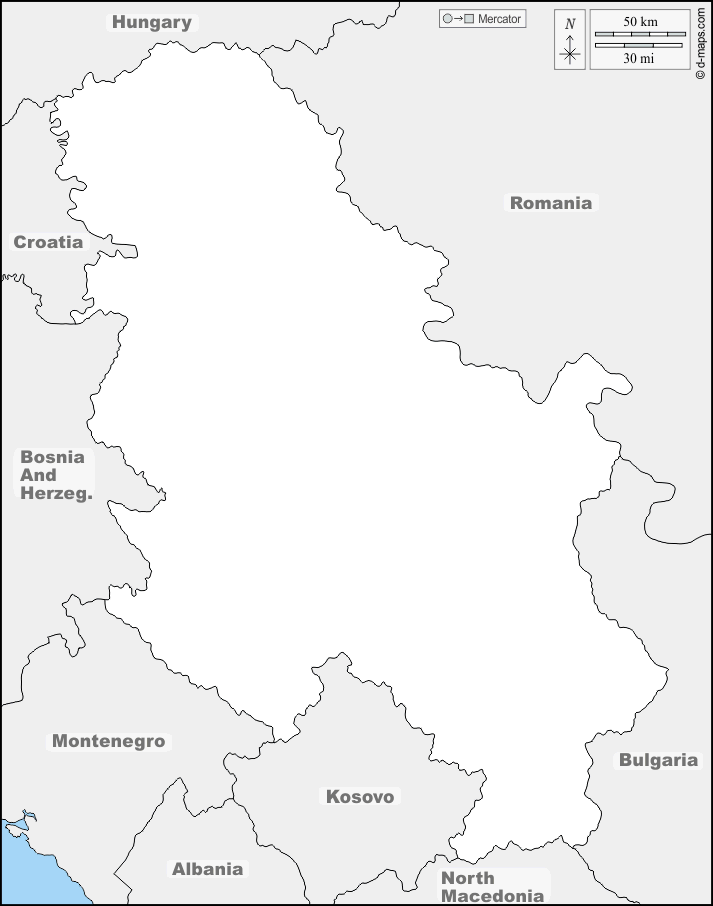 Serbien : d-maps.com: Kostenlose Karten, kostenlose stumme Karte, kostenlose unausgefüllt Landkarte, kostenlose hochauflösende Umrisskarte : Grenzen, Namen