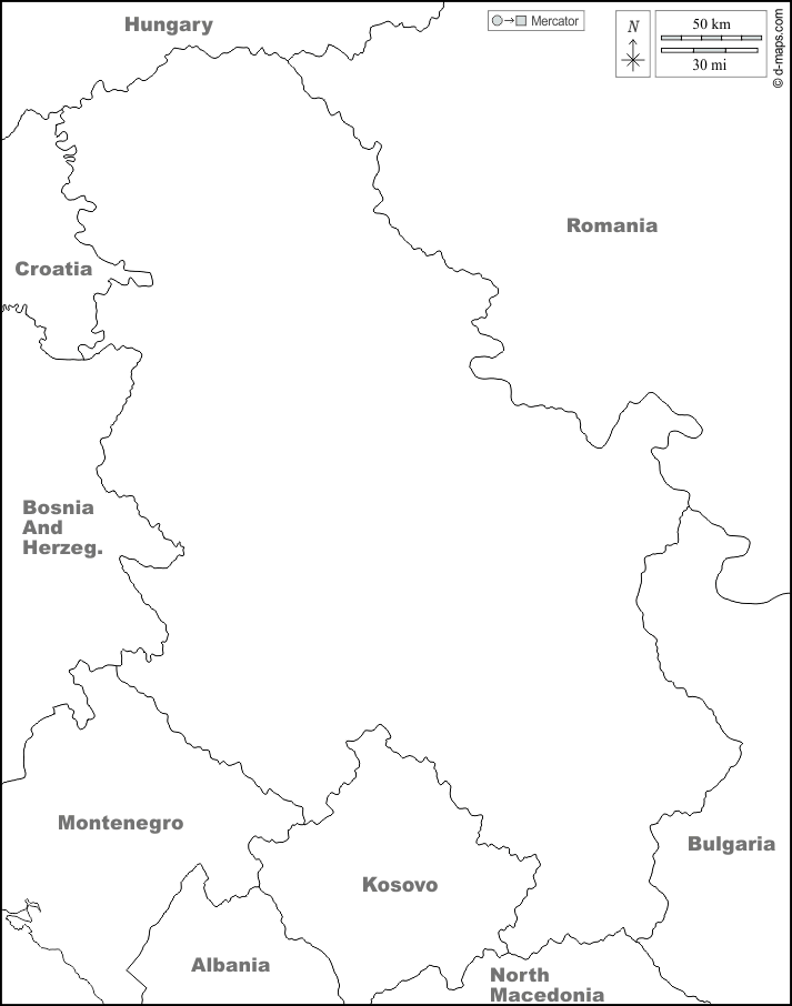 Sérvia : d-maps.com: mapa livre, mapa em branco livre, mapa livre do esboço, mapa básico livre
 : fronteiras, nomes, branco
