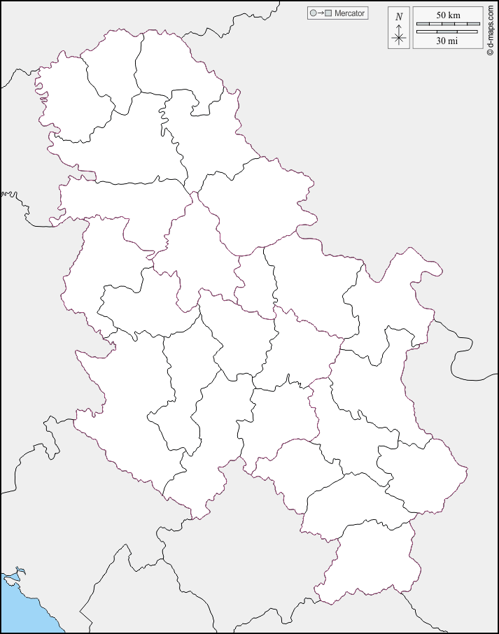 Serbia : d-maps.com: mappa gratuita, mappa muta gratuita, cartina muta gratuita : frontiere, distretti