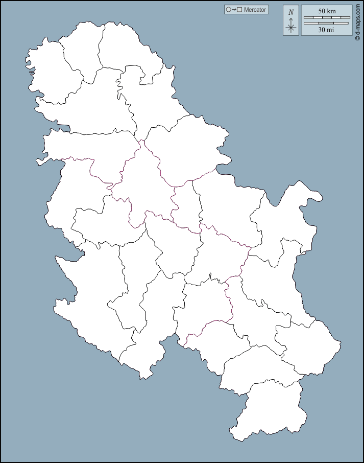 Sérvia : d-maps.com: mapa livre, mapa em branco livre, mapa livre do esboço, mapa básico livre
 : contornos, distritos
