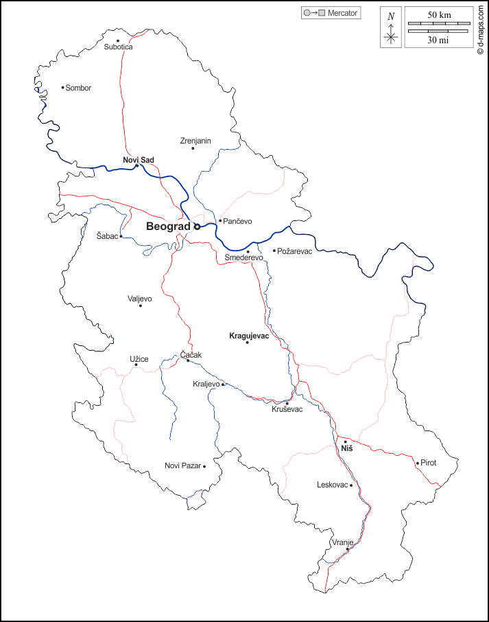 Serbie : d-maps.com: carte géographique gratuite, carte géographique muette gratuite, carte vierge gratuite, fond de carte gratuit, formats graphiques courants : contours, hydrographie, principales villes, routes, noms, blanc