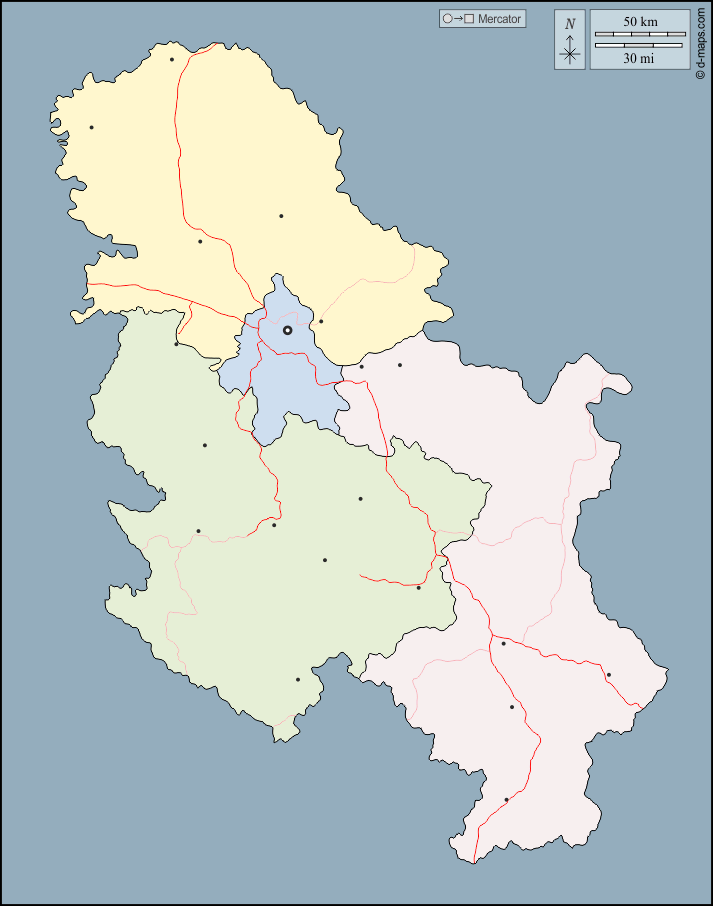 Serbia : d-maps.com: mappa gratuita, mappa muta gratuita, cartina muta gratuita : contorni, regioni, principali città, strade, colore
