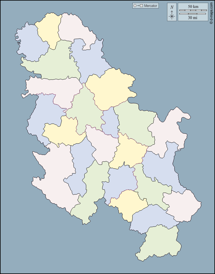 Serbia : d-maps.com: mappa gratuita, mappa muta gratuita, cartina muta gratuita : contorni, distretti, colore