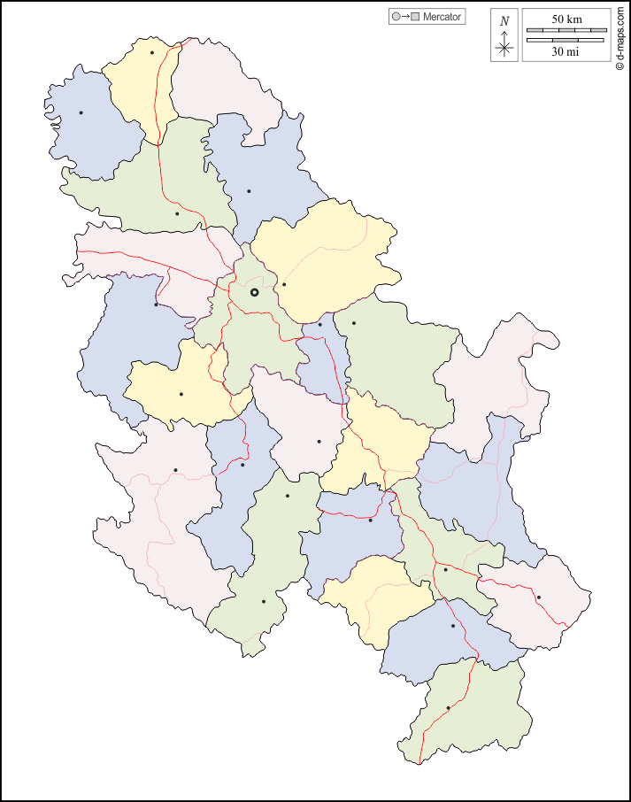 Serbia : d-maps.com: mappa gratuita, mappa muta gratuita, cartina muta gratuita : contorni, distretti, principali città, strade, colore, bianco