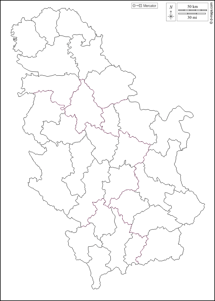 Serbia with Kosovo : d-maps.com: free map, free blank map, free outline map, free base map : outline, districts, white