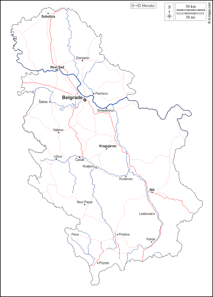 Serbia con Kosovo : d-maps.com: mapa gratuito, mapa mudo gratuito, mapa en blanco gratuito, plantilla de mapa : contornos, hidrografía, principales ciudades, carreteras, nombres, blanco