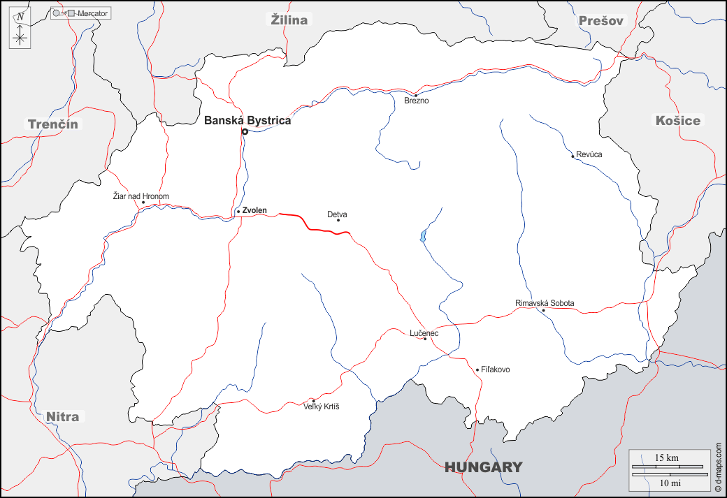 Banská Bystrica : d-maps.com: mapa livre, mapa em branco livre, mapa livre do esboço, mapa básico livre
 : fronteiras, hidrografia, principais cidades, estradas, nomes