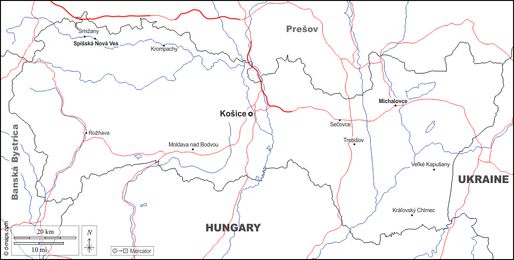 Košice : d-maps.com: mappa gratuita, mappa muta gratuita, cartina muta gratuita : frontiere, idrografia, principali città, strade, nomi, bianco