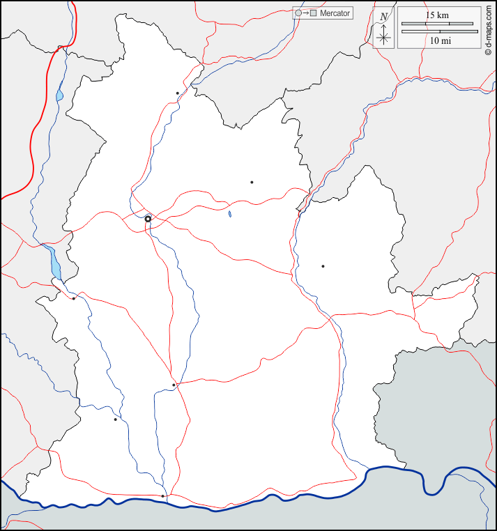 ニトラ県 : d-maps.com: 無料地図, 無料の空の地図, 無料のアウトラインマップ, 無料のベースマップ
 : 境界, 川と湖, 主要都市, 道路