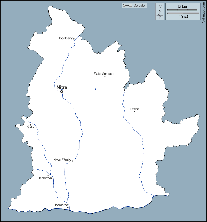 尼特拉州 : d-maps.com: 免费地图, 免费的空白地图, 免费的轮廓地图, 免费基地地图 : 大纲, 水文学, 主要城市, 名称