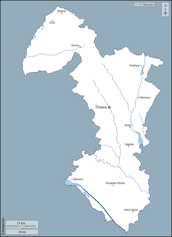 Трнавский край : d-maps.com: Бесплатная карта, бесплатная карта, свободная карта, Бесплатная базовая карта
 : контур, гидрографии, Главные города, имена