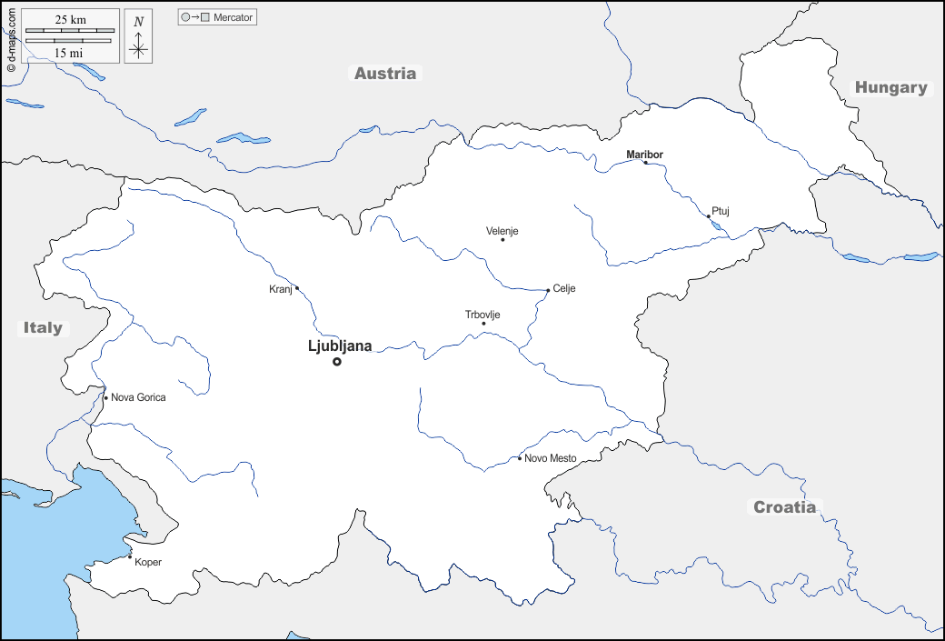 Slowenien : d-maps.com: Kostenlose Karten, kostenlose stumme Karte, kostenlose unausgefüllt Landkarte, kostenlose hochauflösende Umrisskarte : Grenzen, Hydrografie, Wichtige Städte, Namen