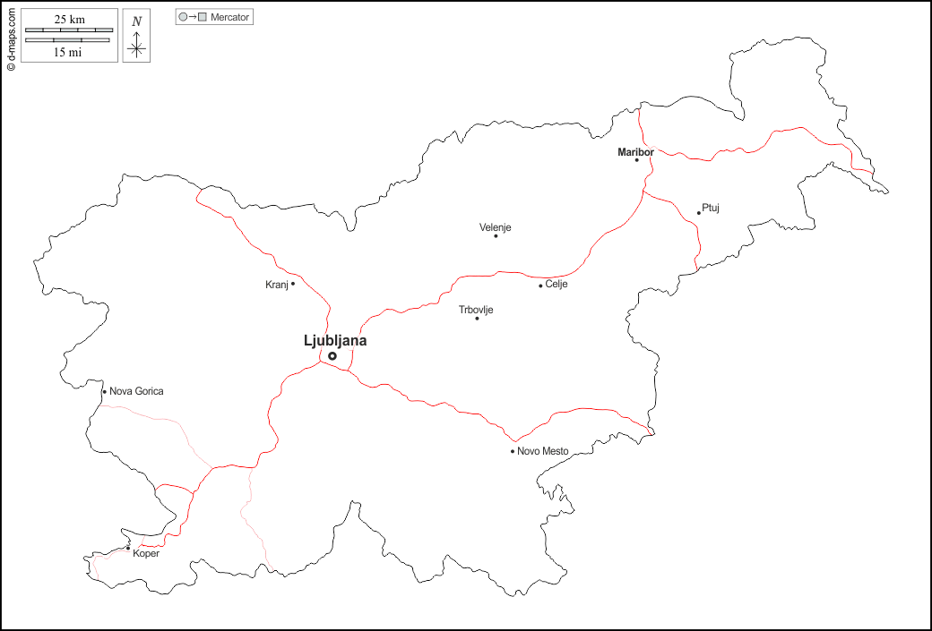 Eslovénia : d-maps.com: mapa livre, mapa em branco livre, mapa livre do esboço, mapa básico livre
 : contornos, principais cidades, estradas, nomes, branco