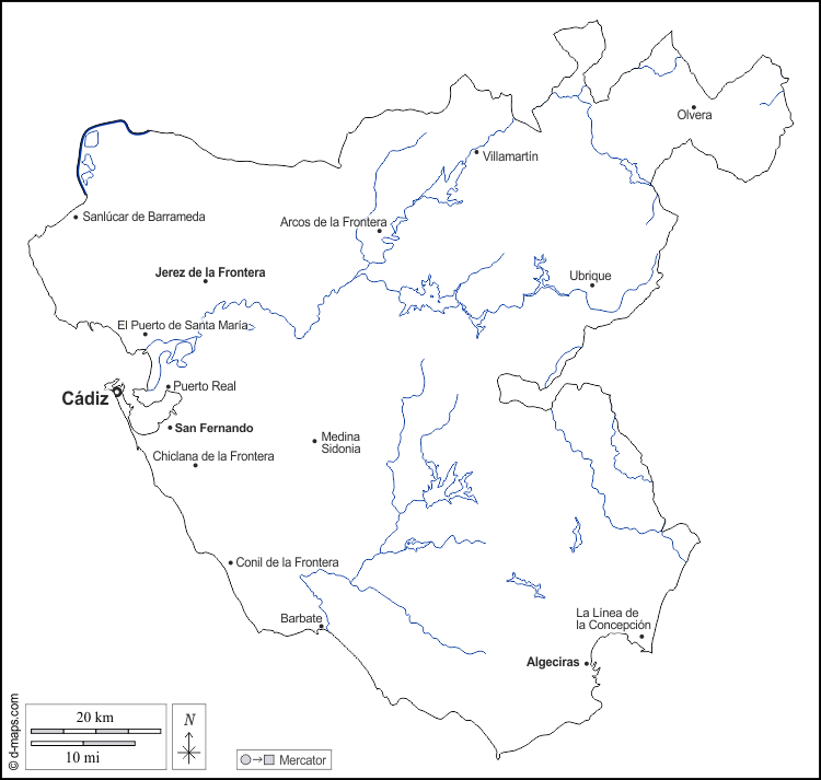 Cadice : d-maps.com: mappa gratuita, mappa muta gratuita, cartina muta gratuita : contorni, idrografia, principali città, nomi, bianco