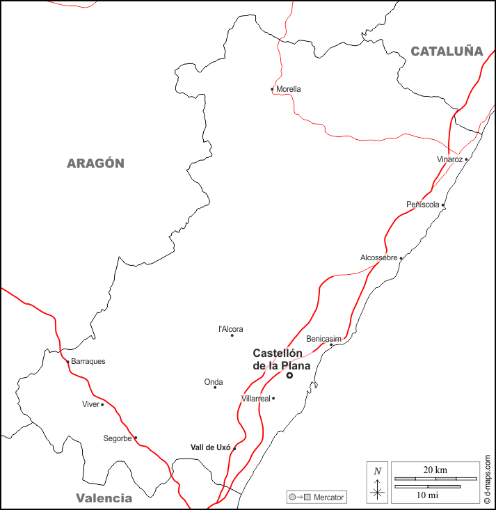 Castellón : d-maps.com: mappa gratuita, mappa muta gratuita, cartina muta gratuita : frontiere, principali città, strade, nomi, bianco