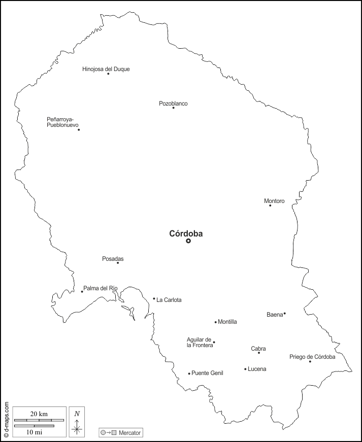 Córdoba  : d-maps.com: Kostenlose Karten, kostenlose stumme Karte, kostenlose unausgefüllt Landkarte, kostenlose hochauflösende Umrisskarte : Umrisse, Wichtige Städte, Namen, weiß