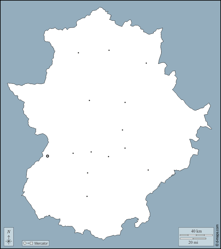 エストレマドゥーラ州 : d-maps.com: 無料地図, 無料の空の地図, 無料のアウトラインマップ, 無料のベースマップ
 : 輪郭, 主要都市