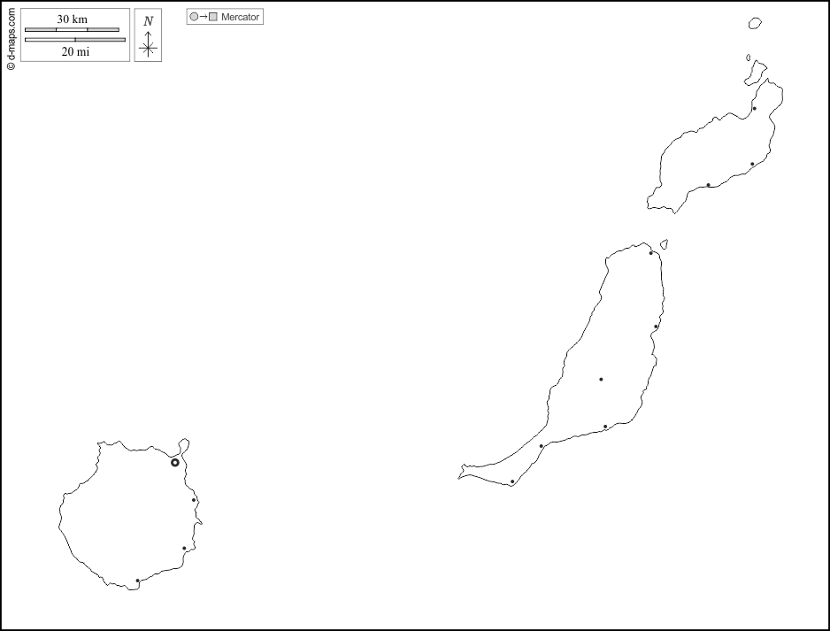 Las Palmas : d-maps.com: Kostenlose Karten, kostenlose stumme Karte, kostenlose unausgefüllt Landkarte, kostenlose hochauflösende Umrisskarte : Küsten, Wichtige Städte, weiß