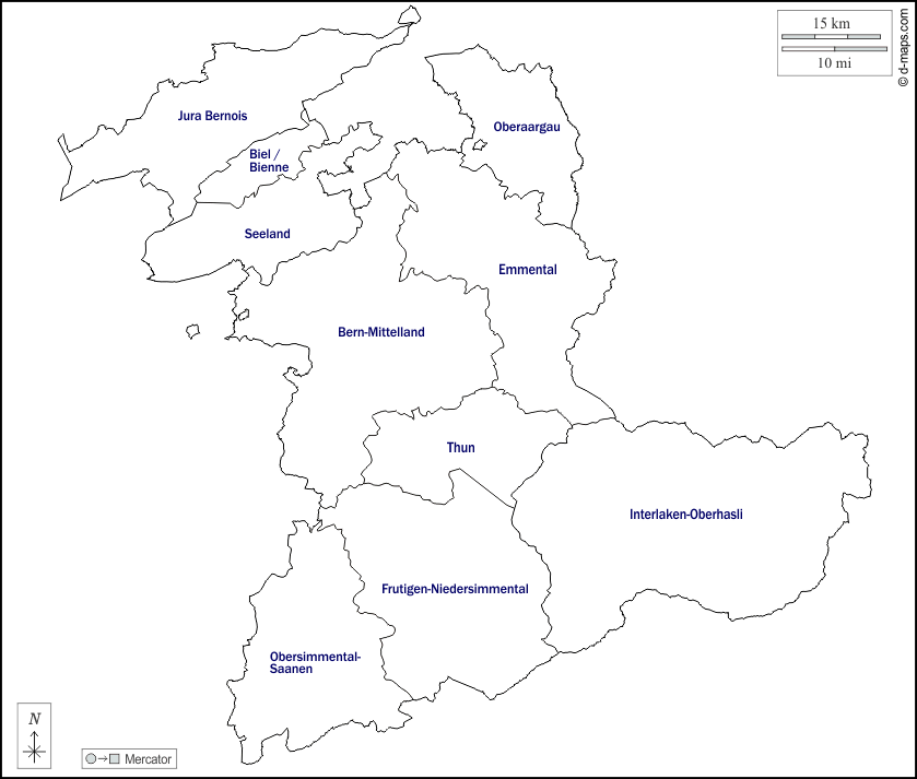 Bern : d-maps.com: Kostenlose Karten, kostenlose stumme Karte, kostenlose unausgefüllt Landkarte, kostenlose hochauflösende Umrisskarte : Umrisse, Bezirke, Namen, weiß