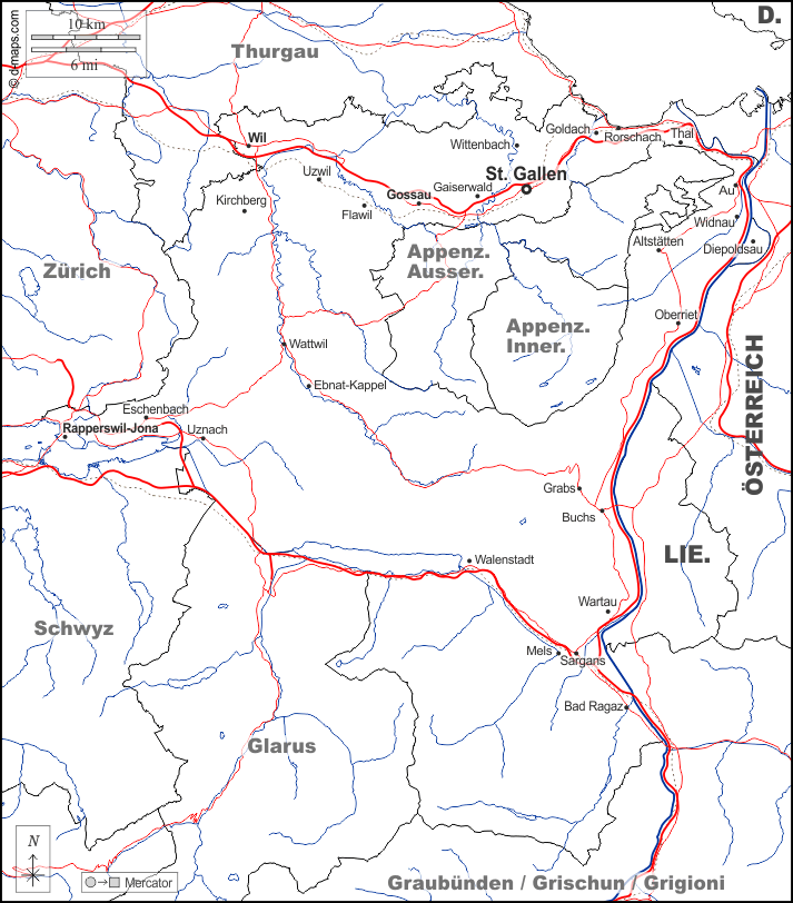 São Galo : d-maps.com: mapa livre, mapa em branco livre, mapa livre do esboço, mapa básico livre
 : fronteiras, hidrografia, principais cidades, estradas, nomes, branco