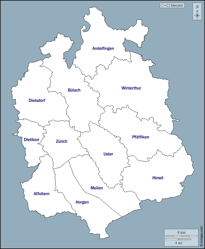 Zurique : d-maps.com: mapa livre, mapa em branco livre, mapa livre do esboço, mapa básico livre
 : contornos, distritos, nomes