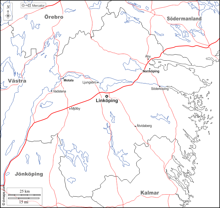 Östergötland : d-maps.com: mappa gratuita, mappa muta gratuita, cartina muta gratuita : frontiere, idrografia, principali città, strade, nomi, bianco