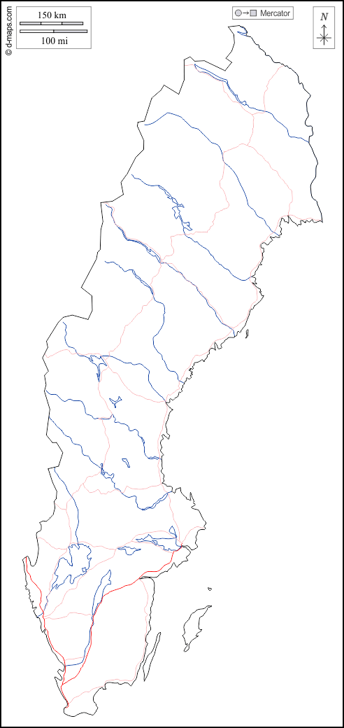 Suecia : d-maps.com: mapa gratuito, mapa mudo gratuito, mapa en blanco gratuito, plantilla de mapa : contornos, hidrografía, carreteras, blanco