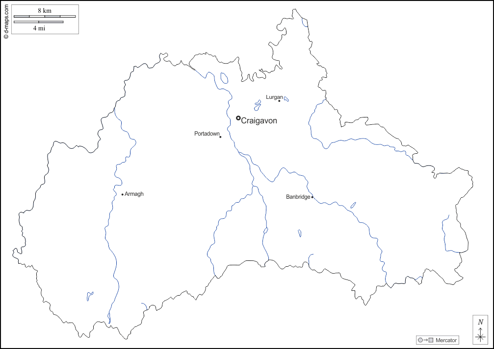 Armagh Banbridge and Craigavon : d-maps.com: mappa gratuita, mappa muta gratuita, cartina muta gratuita : contorni, idrografia, principali città, nomi, bianco