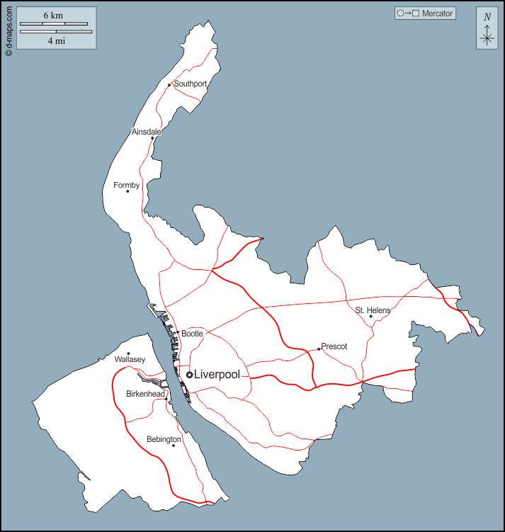 Merseyside : d-maps.com: mappa gratuita, mappa muta gratuita, cartina muta gratuita : contorni, principali città, strade, nomi