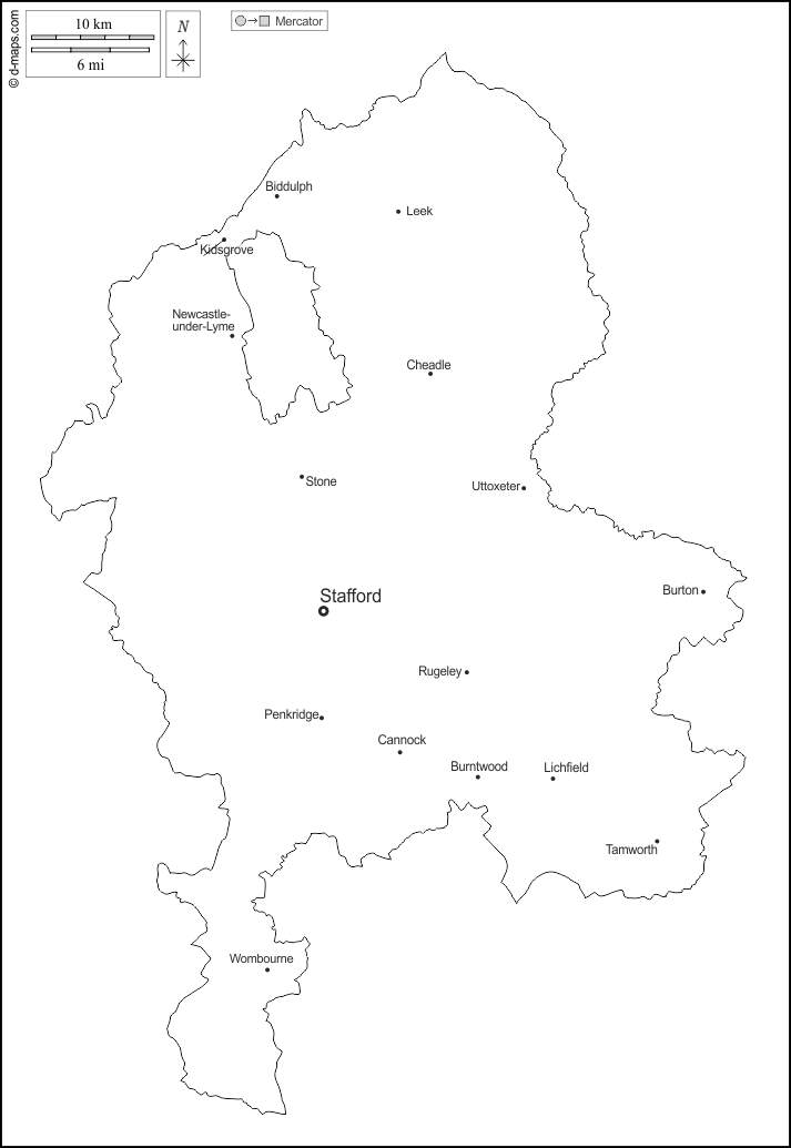 Staffordshire : d-maps.com: Kostenlose Karten, kostenlose stumme Karte, kostenlose unausgefüllt Landkarte, kostenlose hochauflösende Umrisskarte : Umrisse, Wichtige Städte, Namen, weiß
