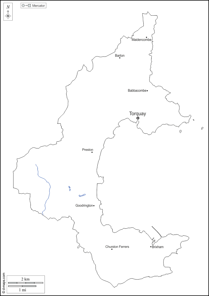 Torbay : d-maps.com: mappa gratuita, mappa muta gratuita, cartina muta gratuita : contorni, idrografia, quartieri, nomi, bianco