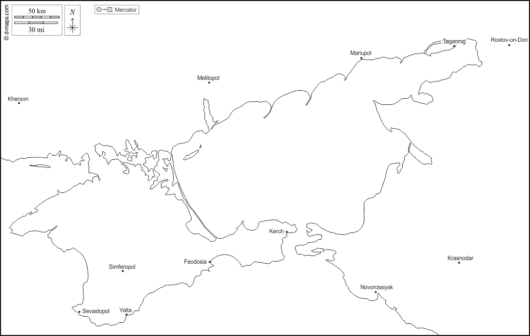 Mar d'Azov : d-maps.com: mappa gratuita, mappa muta gratuita, cartina muta gratuita : litorali, principali città, nomi, bianco