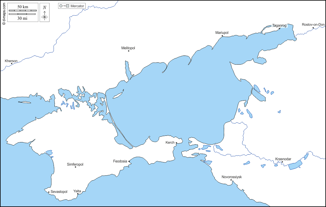 Mar d'Azov : d-maps.com: mappa gratuita, mappa muta gratuita, cartina muta gratuita : litorali, idrografia, principali città, nomi