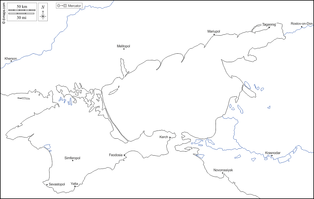 Азовское море : d-maps.com: Бесплатная карта, бесплатная карта, свободная карта, Бесплатная базовая карта
 : побережья, гидрографии, Главные города, имена, Белый