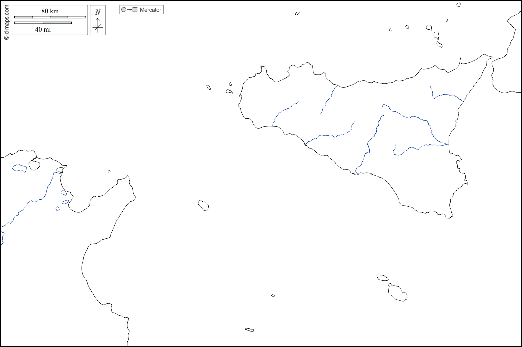 Strait of Sicily : d-maps.com: free map, free blank map, free outline map, free base map : hydrography, states, white
