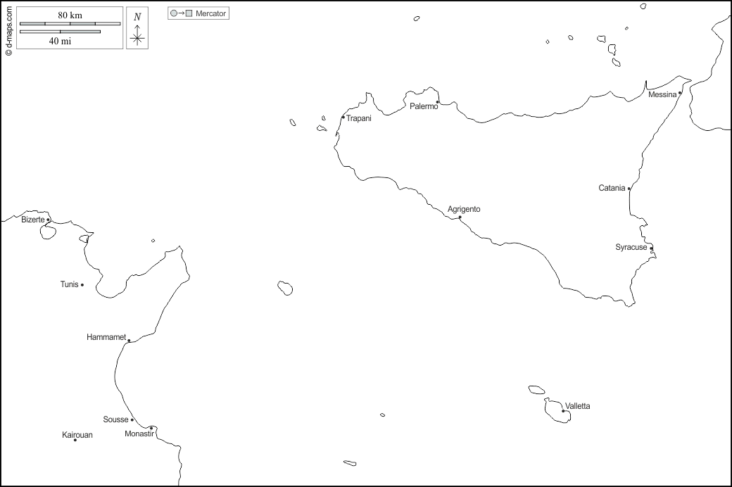 Strait of Sicily : d-maps.com: free map, free blank map, free outline map, free base map : coasts, main cities, names, white