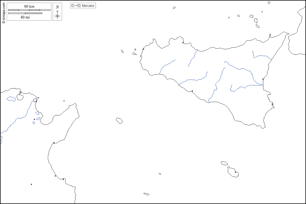Strait of Sicily : d-maps.com: free map, free blank map, free outline map, free base map : coasts, hydrography, main cities, white