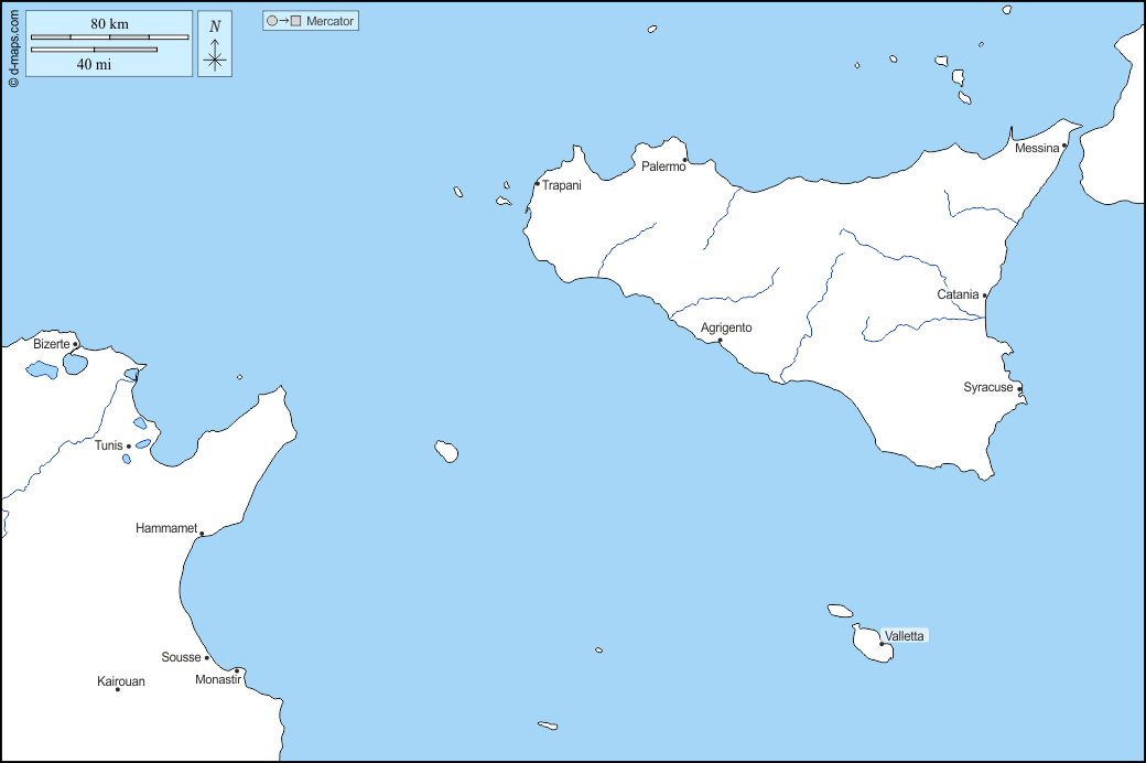 Strait of Sicily : d-maps.com: free map, free blank map, free outline map, free base map : coasts, hydrography, main cities, names
