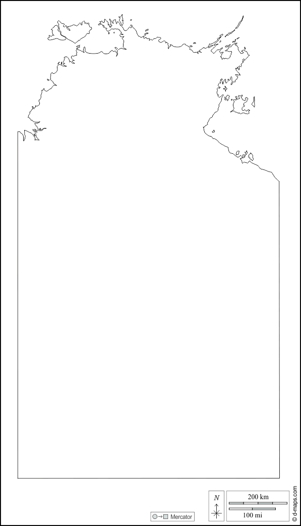 Territoire du Nord : d-maps.com: carte géographique gratuite, carte géographique muette gratuite, carte vierge gratuite, fond de carte gratuit, formats graphiques courants : contours, blanc