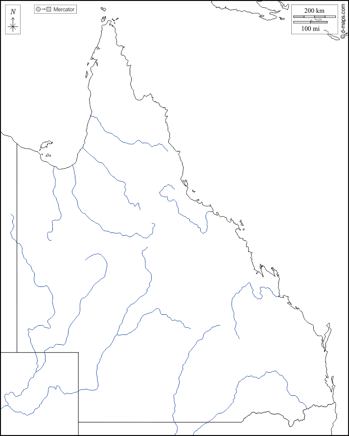Queensland : d-maps.com: mappa gratuita, mappa muta gratuita, cartina muta gratuita : frontiere, idrografia, bianco