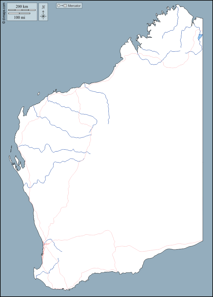 Australia Occidental : d-maps.com: mapa gratuito, mapa mudo gratuito, mapa en blanco gratuito, plantilla de mapa : contornos, hidrografía, carreteras