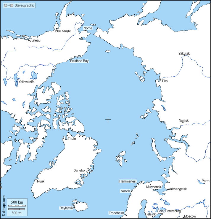 北极 : d-maps.com: 免费地图, 免费的空白地图, 免费的轮廓地图, 免费基地地图 : 海岸, 水文学, 主要城市, 名称