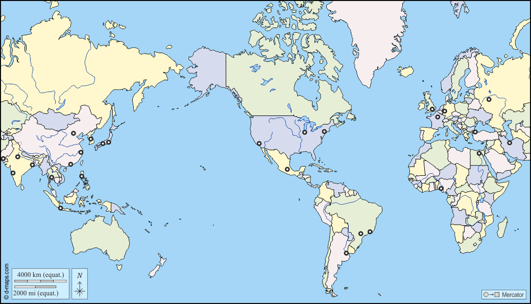 Planisphère Monde (Amériques) : d-maps.com: carte géographique gratuite, carte géographique muette gratuite, carte vierge gratuite, fond de carte gratuit, formats graphiques courants : hydrographie, Etats, principales agglomérations, couleur