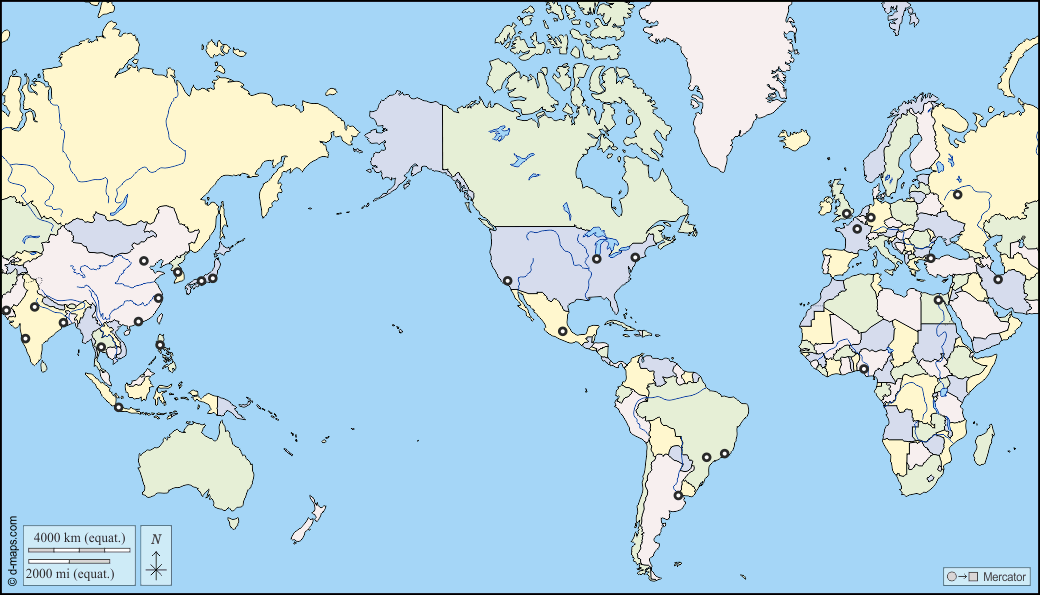 Planisfério Mundo (Américas) : d-maps.com: mapa livre, mapa em branco livre, mapa livre do esboço, mapa básico livre
 : hidrografia, estados, principais cidades, cor