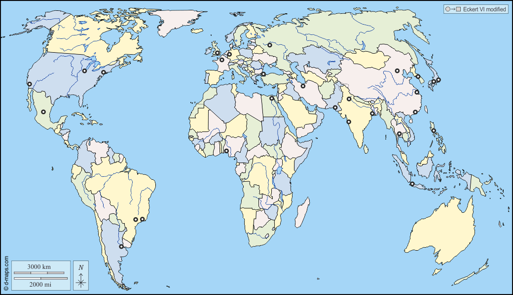 世界计划圈（欧洲非洲） : d-maps.com: 免费地图, 免费的空白地图, 免费的轮廓地图, 免费基地地图 : 水文学, 国家, 主要城镇, 颜色