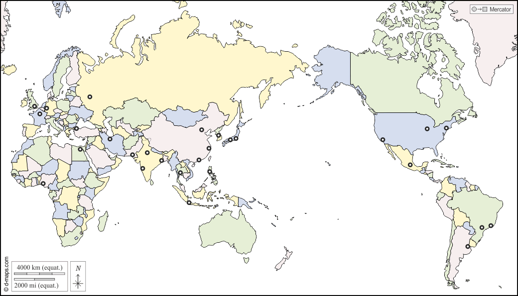 Planisfério Mundo (Oceano Pacífico) : d-maps.com: mapa livre, mapa em branco livre, mapa livre do esboço, mapa básico livre
 : estados, principais cidades, cor, branco