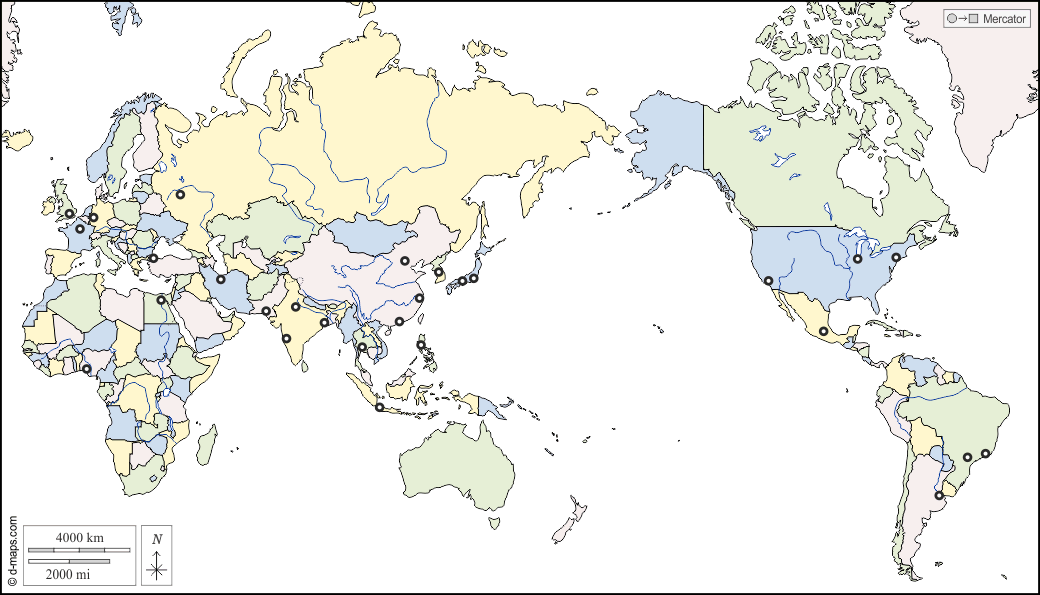 世界计划圈（太平洋） : d-maps.com: 免费地图, 免费的空白地图, 免费的轮廓地图, 免费基地地图 : 水文学, 国家, 主要城镇, 颜色, 白